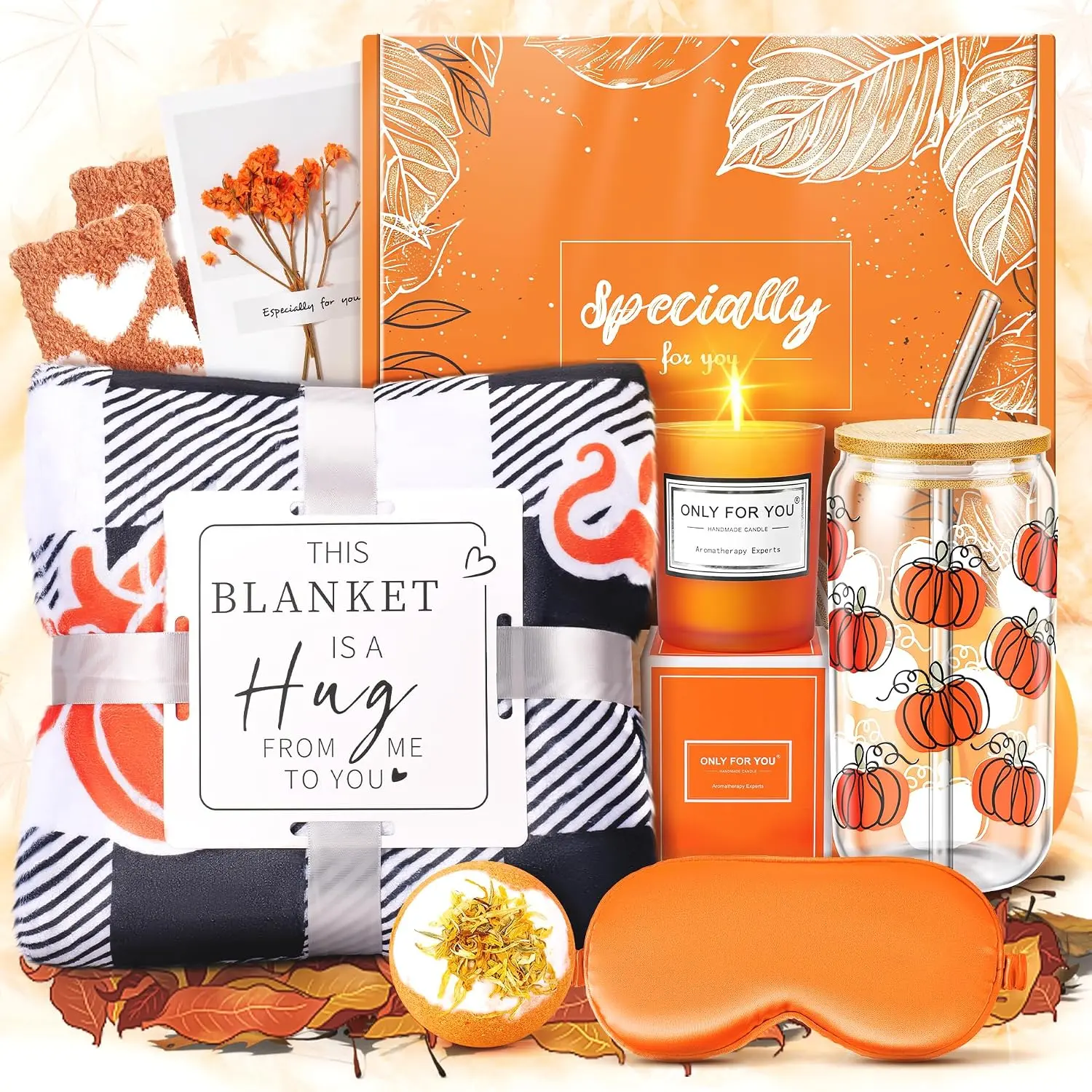 Fall Gifts for Women, Halloween Gifts for Women, Cute Pumpkin Cup with Lid & Straw, Halloween Boo Basket Gift Set with Throw Blanket for Mom, Wife, Girlfriend, Sister & Best Friend
