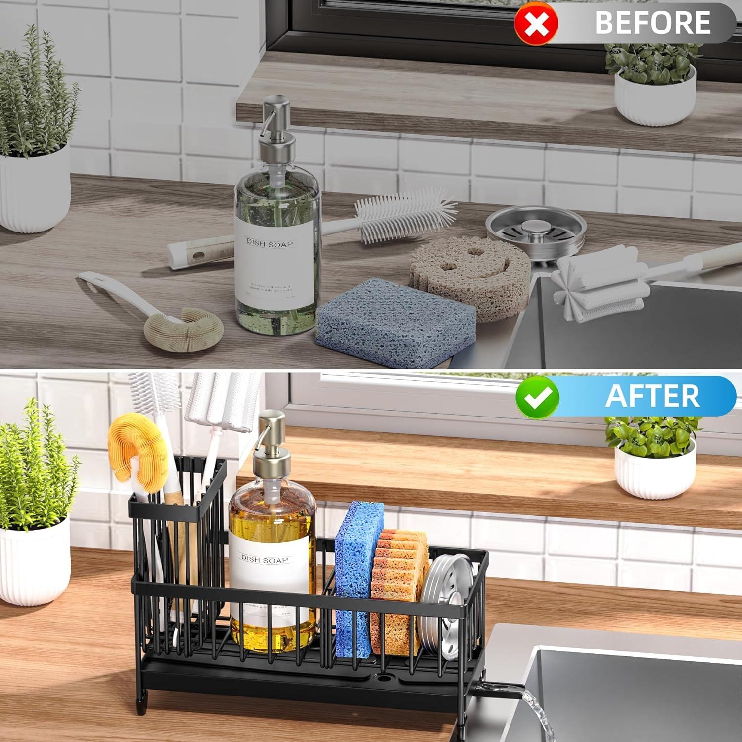 Kitchen Sink Caddy Organizer – 304 Stainless Steel Sponge Holder with Brush Holder, Rustproof Dish Soap & Sponge Rack, Countertop Kitchen Organizer (Black 9.25”)