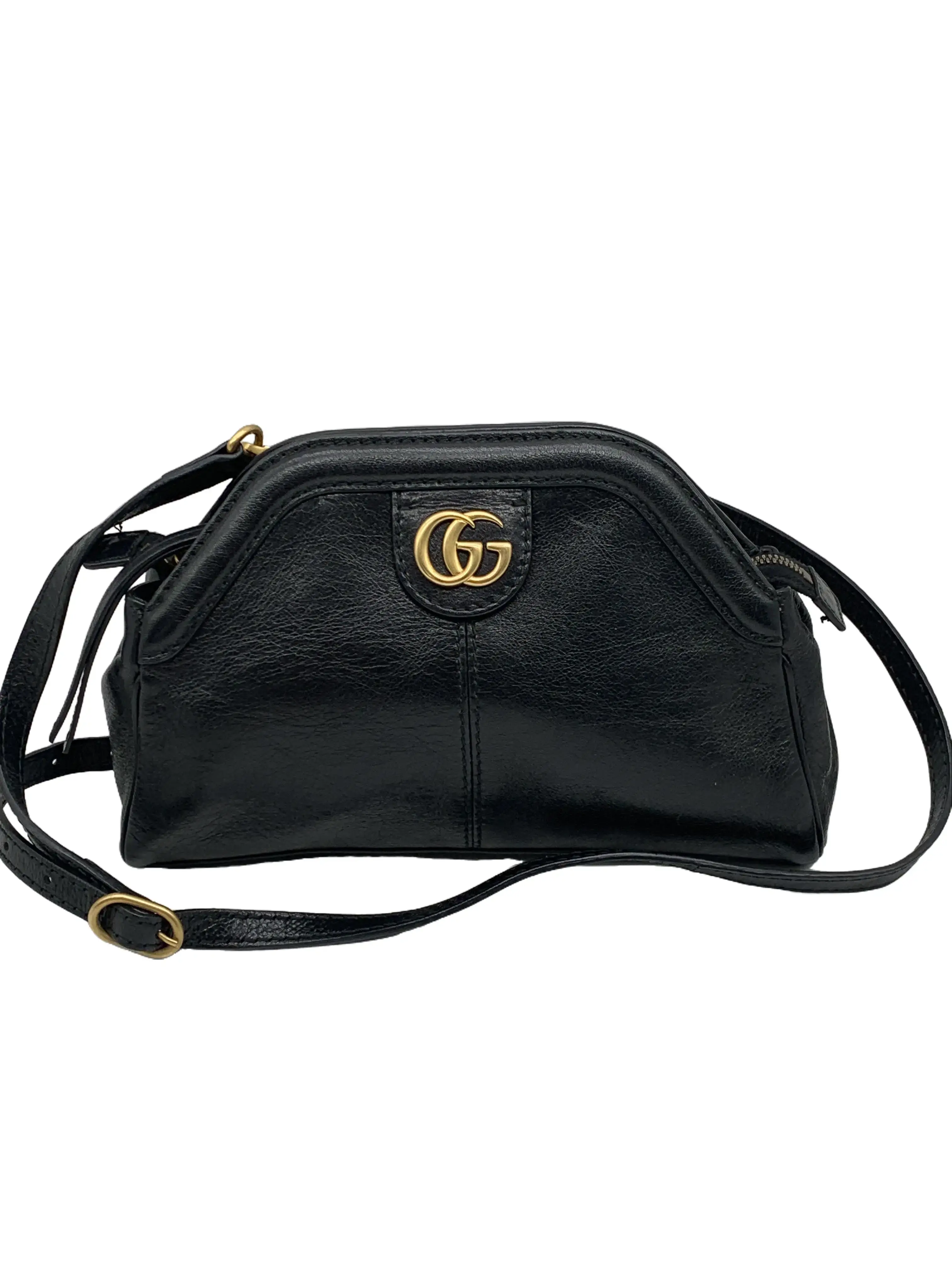 Pre-owned GUCCI Black Leather Crossbody Bag With Gold GG Logo/WJ08207214/7214