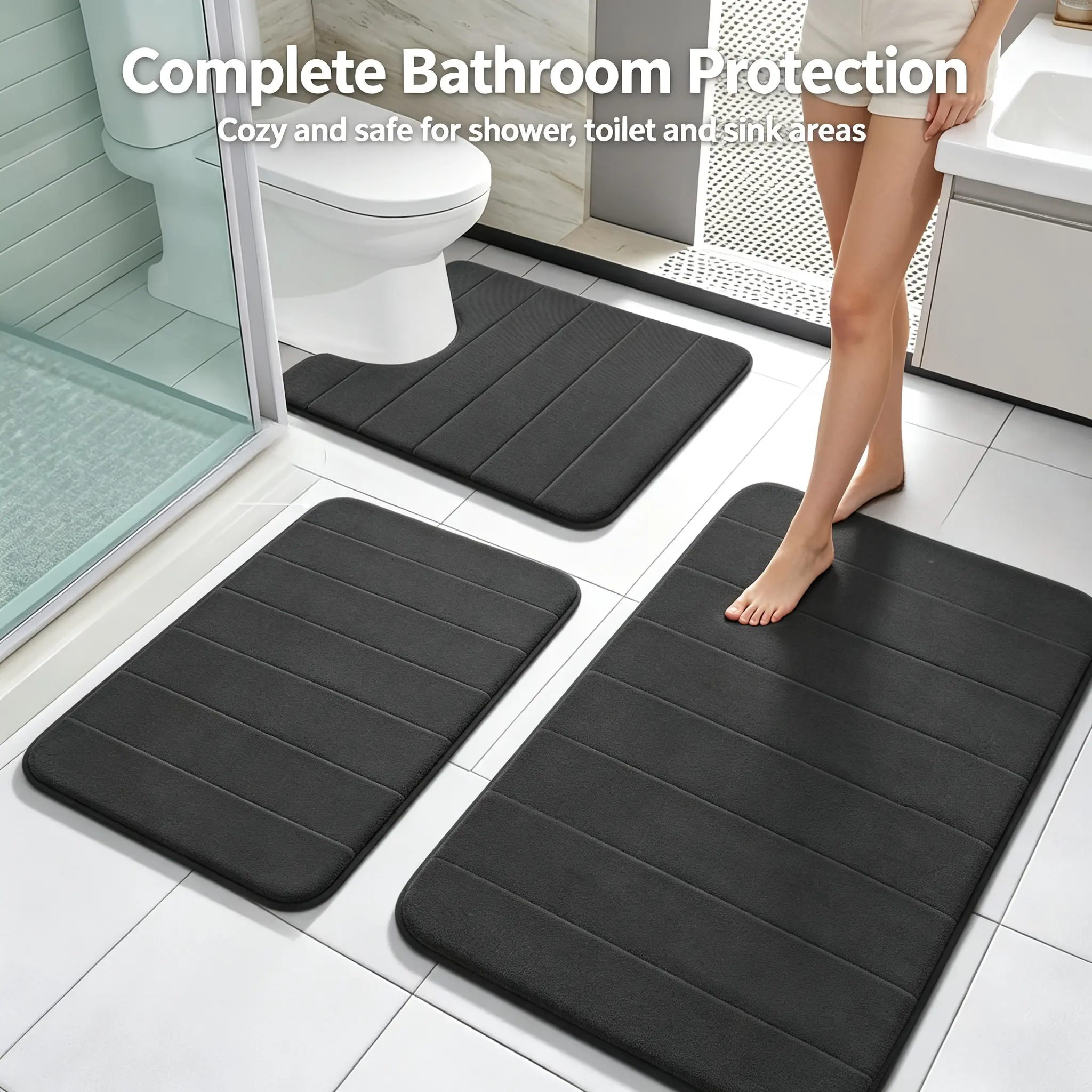 3 Piece Luxury Memory Foam Bathroom Mat Set, Soft Absorbent Quick Dry Non‑Slip Washable Bath Rugs for Shower Toilet Vanity