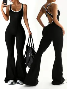 Women's Color Block Round Neck Sports Exercise Sleeveless Top and Flared Leggings Set, Swear Bodysuit, Bodysuit, Bodysuit, V-Back Bodysuit, One-Piece Bodysuit