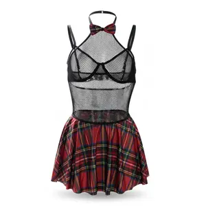 Sexy Plaid Cosplay Lingerie Set for Women | Mesh Bodysuit & Mini Skirt Chic Color-Contrast Fall Lounge