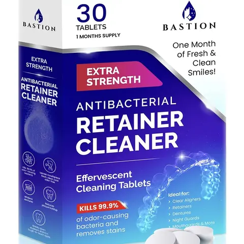 Bastion Retainer Cleaner Tablets, Antibacterial Multi-Pack Denture Cleansers for False Teeth, Orthodontic Gear, Mouthpieces, Oral Care Odor & Dental Stain Removal, False Teeth Denture Cleansers Efferescent Cleaning Tablets Extra Strength Dental Devices