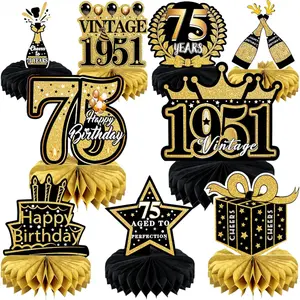 9 Pcs 75th Birthday Decoration 75 Birthday Party Decorations for Men Women 75 Years Birthday Tables Decorations Cheers to 1950 Centerpieces Honeycomb Black and Gold 75th Birthday Party Favors