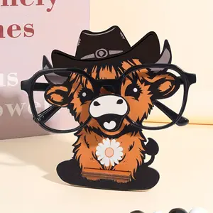 Wooden Cowboy Hat Glasses Frame - Cartoon Bull with Flower Design, Western Theme Glasses Frame, Used for Home Desktop Decoration, Cowboy Decoration, Glasses Storage, Western Decoration Enthusiasts, Glasses Holder