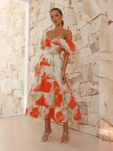 Women's Floral Print Bubble Sleeve Bohemian Boho Dress, Elegant Fashion Casual Boho Chic Dress for Daily Outdoor Wear, Women Dress for Summer, Casual Loose Sundress, Bohemian Style Dress, Fit