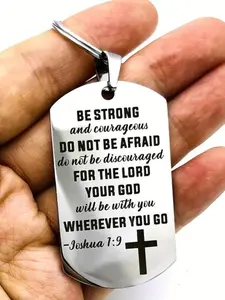 Joshua 1:9 Inspirational Bible Verse Keychain, Strong Courage Stainless Steel Cross Pendant, 1.96 Inch Faith Religious Gift for Men Women