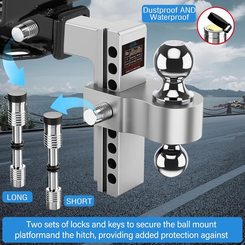 Adjustable Trailer Hitch, 8 Inch Drop Hitch Ball Mount (Fits 2-Inch Receiver), 12,500 LBS GTW, (2" & 2-5/16") Chrome Plated Steels Balls, Aluminum Tow Hitches with Two Anti-Theft Pins Locks