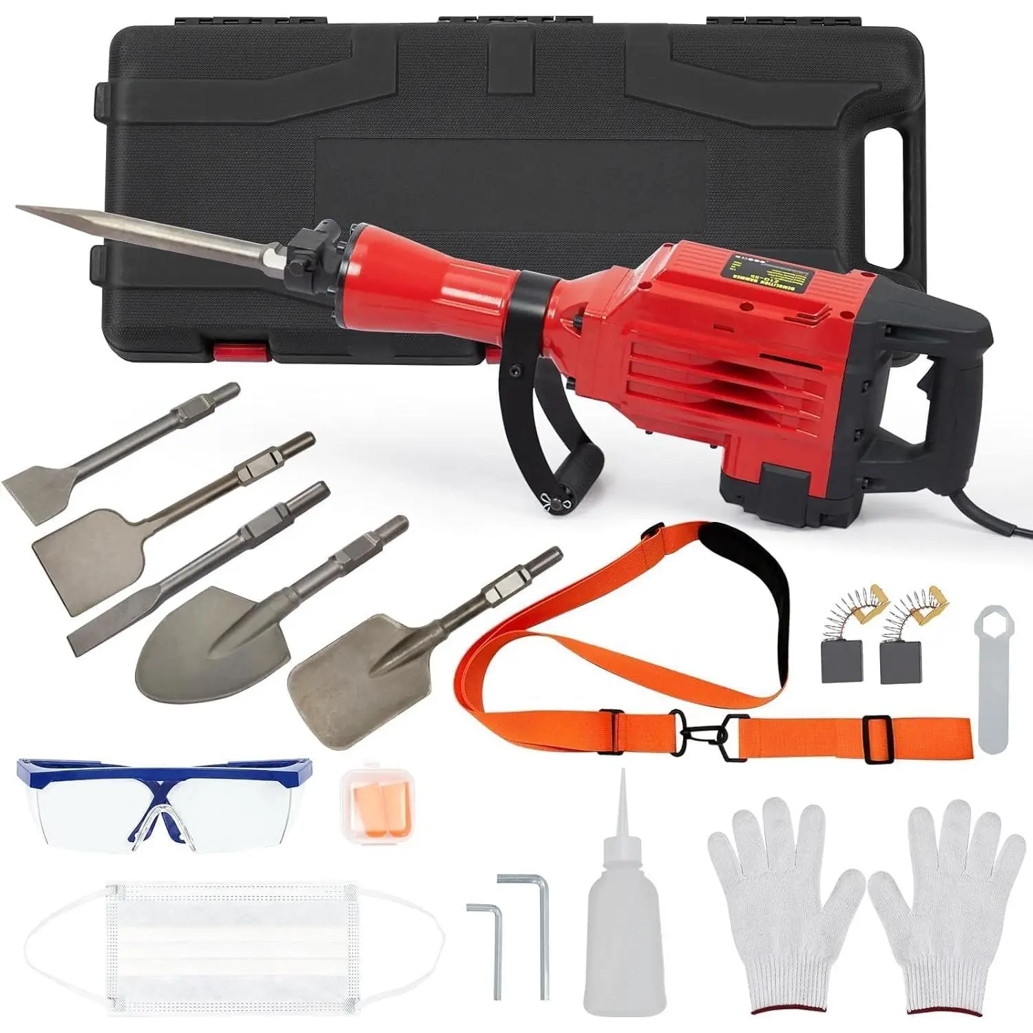 GARVEE 3600W Heavy Duty Electric Jack Hammer Impact Drill Kit with 360° Rotating Anti-Vibration Handle, 6 Heat-Treated Alloy Steel Chisels, Carrying Case, Anti-Vibration Gloves, Harness, 40% Less Hand Buzz for Concrete, Construction