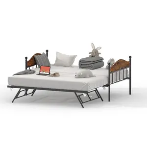 Garvee Twin Daybed with Foldable Metal Trundle and Industrial Lockable Casters, Stylish Headboard, Sofa Bed Frame for Living Room, Bedroom, and Guest Room in Brown