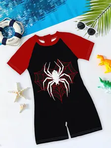 Boys' one-piece swimsuit "Spider-Man Classic Style" features red and black contrasting colors with spider web and spider prints, plus a raglan sleeve one-piece design. It's handsome and breathable, perfectly enhancing the summer pool/ beach outfit vibe~