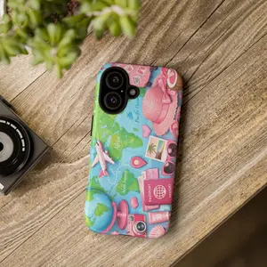 Travel time airplane map phone case, pastel global luggage icons, drop-proof and scratch-resistant, suitable for iPhone 17/16/15/14/13/12/11/X/XS/XS Max/XR/7P/8P, a perfect holiday gift for friends, family, or yourself