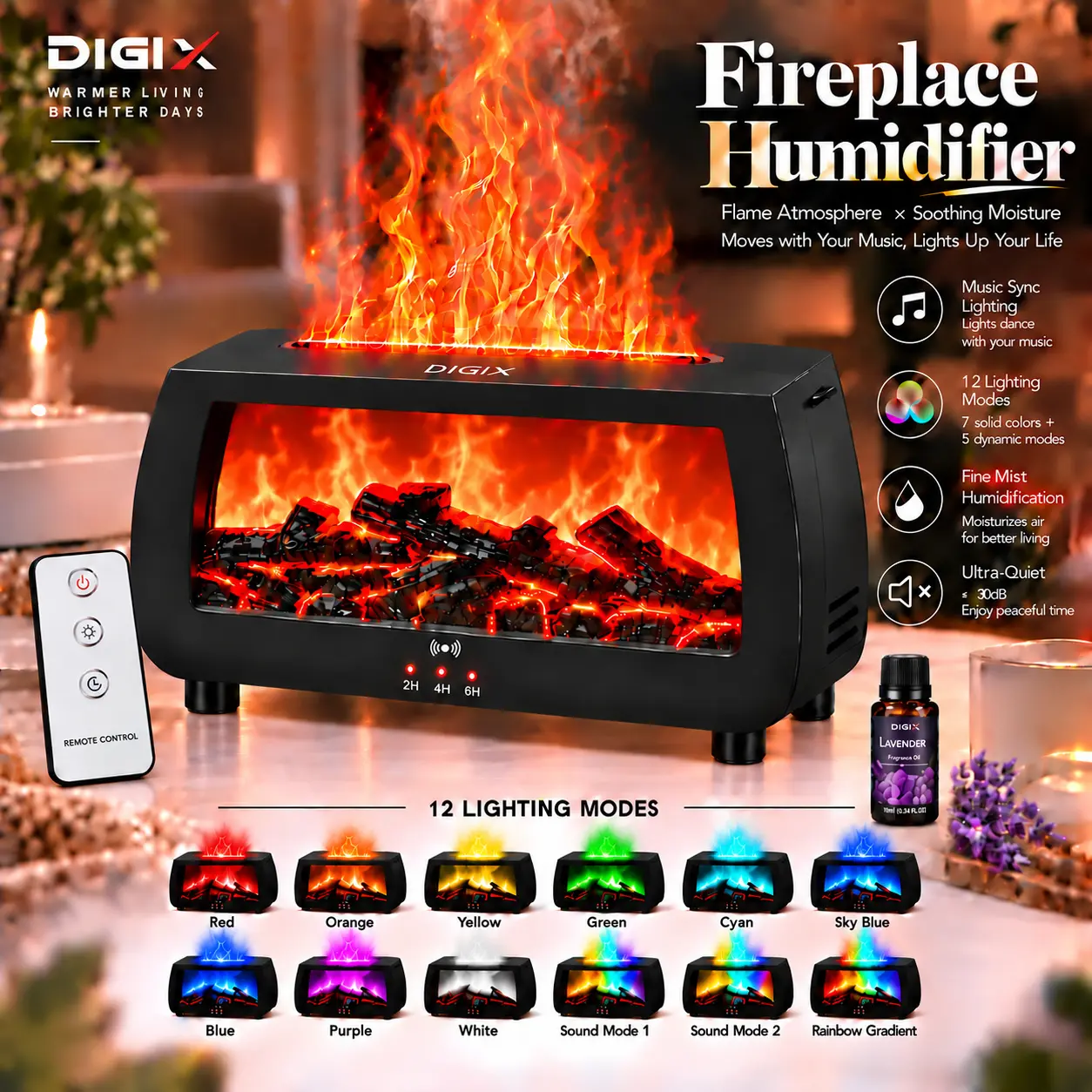 DIGIX Sound Reactive Fireplace Humidifier - 200ml Ultrasonic Cool Mist Diffuser, RGB Lights, Music Sync Flame Effect, Timer, Auto-Off, Room Gadgets, Diffuser for Home, Relaxing Gifts, Home Decor for Bedroom, Office