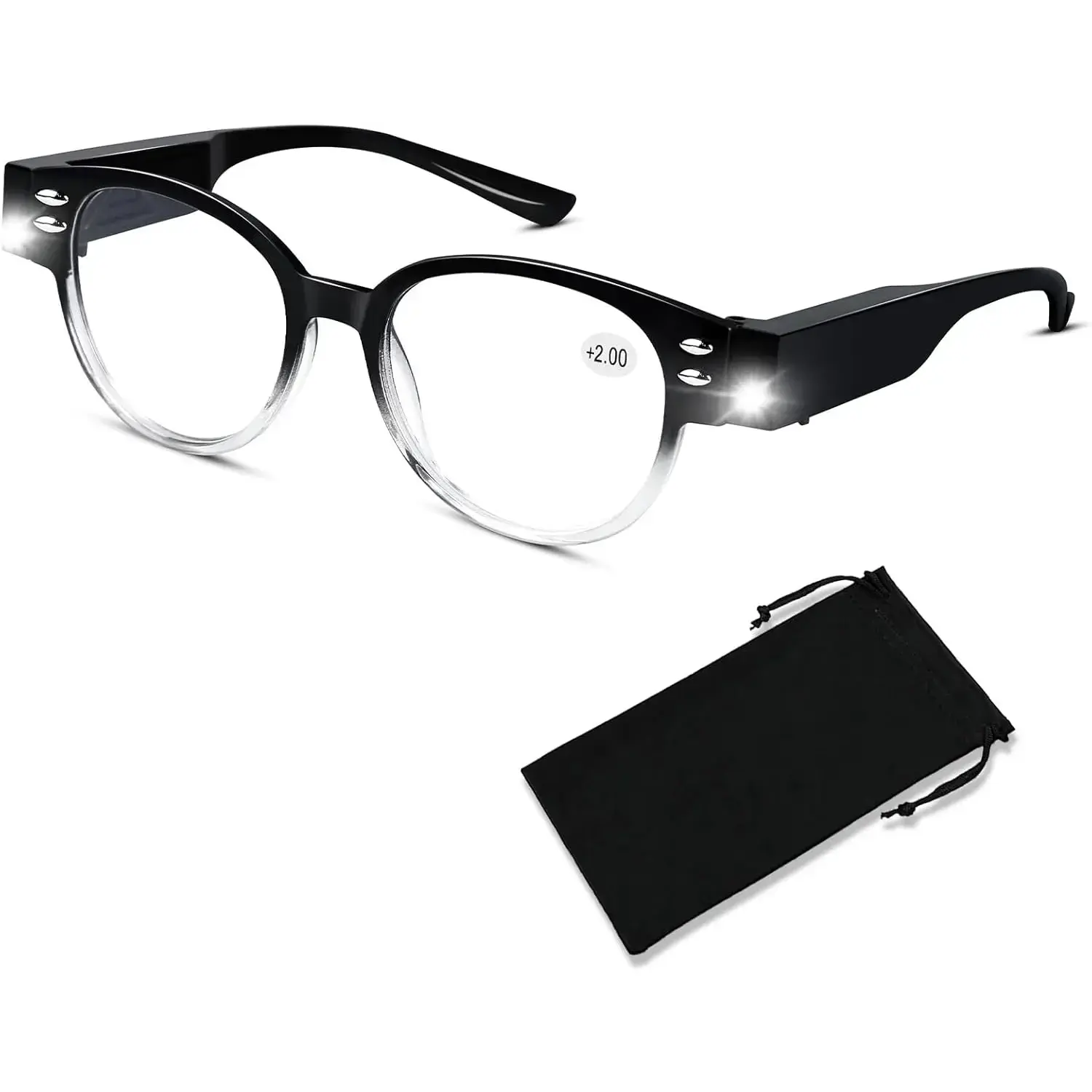 Reading Glasses with Lights Bright LED Readers with Lights Magnifier Glasses for Reading Fashion Blue Light Blocking Glasses Magnifier Nighttime Reader Women Men Clear Vision Lighted Eye Glasses+2.0