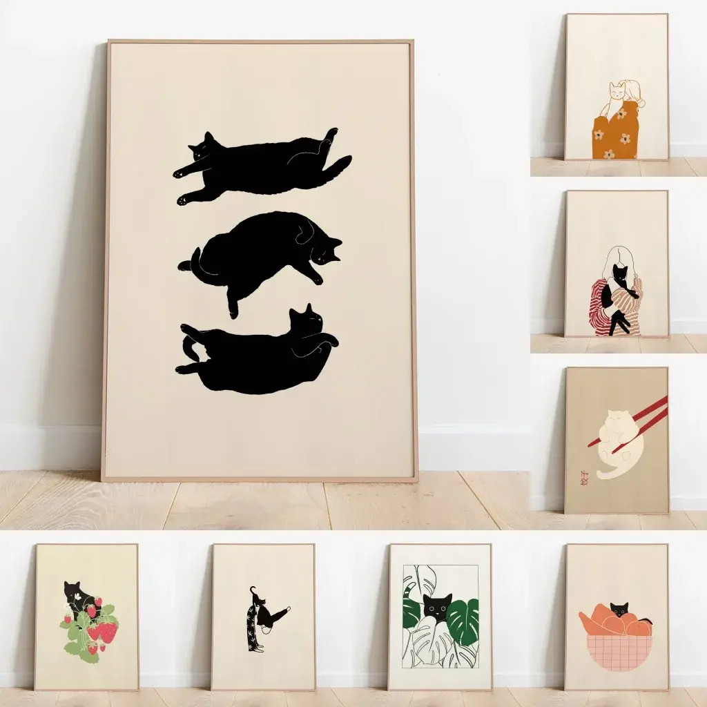 [Sale off up to 55%][Free Ship] Minimalist Aesthetic Cute Animal Wall Art, Sleepy Kitties Poster, Cute Cat Illustration Print, Home Decor, Cat Lover Gift