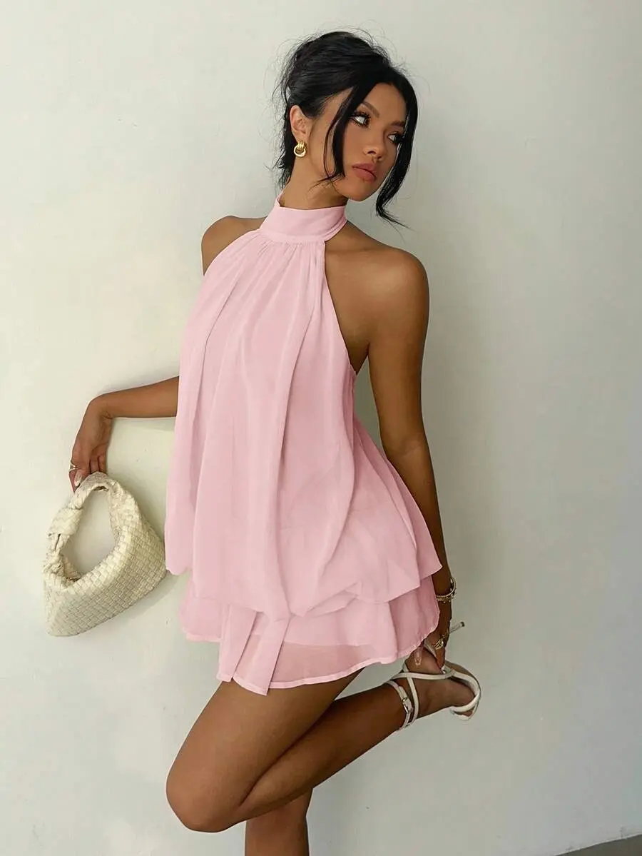 Light Yellow Halter Tie Mini Dress for Women Elegant Summer Vacation Party Outfit