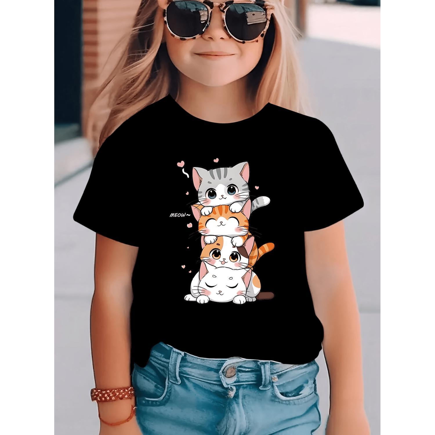 Summer Fashion Girls Short Sleeve TShirt Featuring Cute Kitten Cartoon Print for Casual Wear