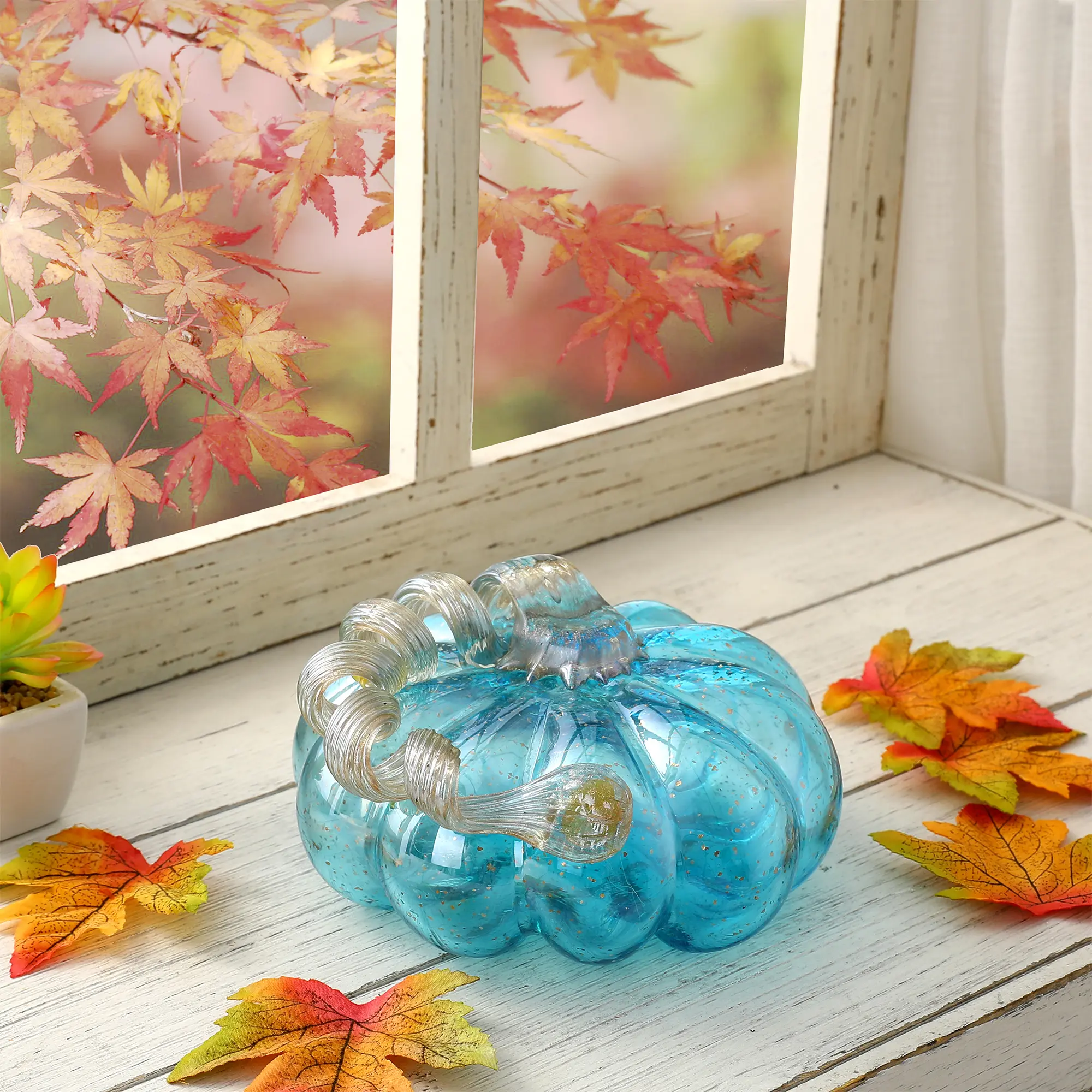 Glitzhome 6.75"D Blue Glass Pumpkin
