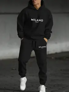 Men's Casual Hooded Sports Set, Streetwear Tracksuit Set, Milano Italy Print Jacket & Pants, Thick Kint Fabric, Fitted Style, Fall Winter Wear