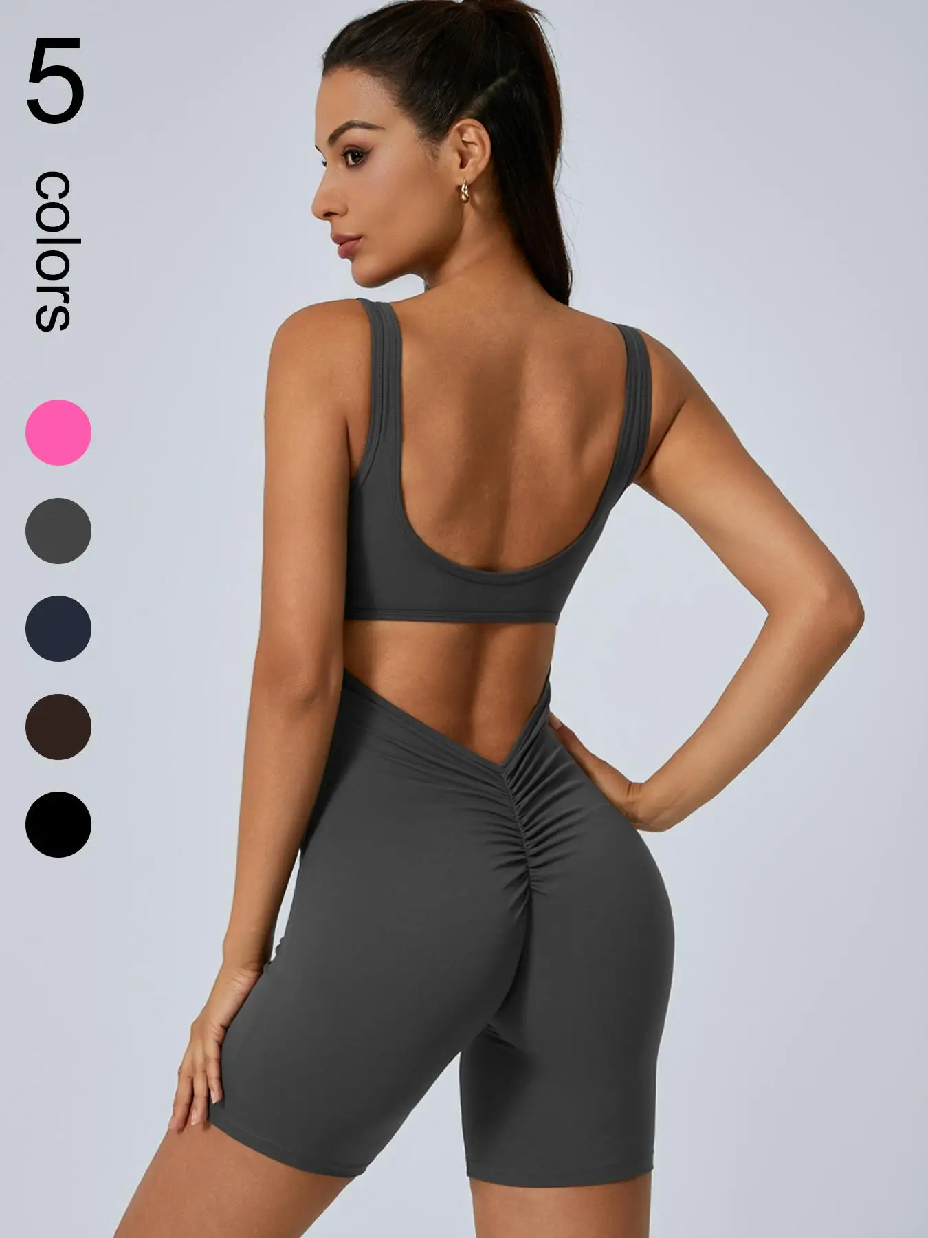 Women's Ruched Cut Out Backless Sports Romper, Solid Sleeveless Scoop Neck Bodycon Romper, High Stretch Seamless Yoga Jumpsuit, Ladies Sportswear for