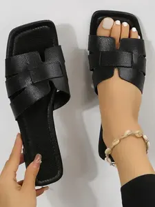 Summer 2026  Women's Elegant Square Toe Flat Slides Sandals, Solid Color Flat Sandals, Fashionable Sandals for Summer for Daily Wear