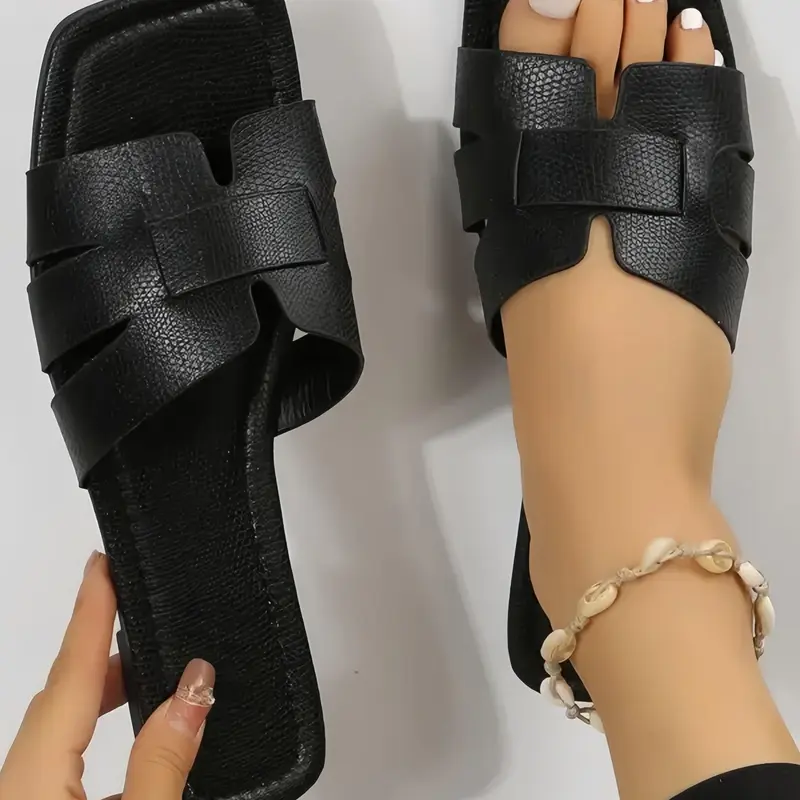 Summer 2026  Women's Elegant Square Toe Flat Slides Sandals, Fashionable Solid Color Sandals for Summer for Daily Wear, Fashionable Pu Slides, Casual Flat Sandals, Flat Sandal Shoes