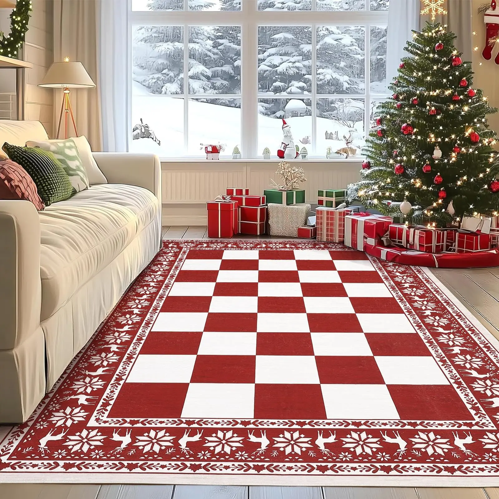 Garvee Red Christmas Snowflake Rug, Plaid, 12.7 x 17.8 cm, Washable, Non-Slip, Decorative Floor Rug for Bedroom, Living Room