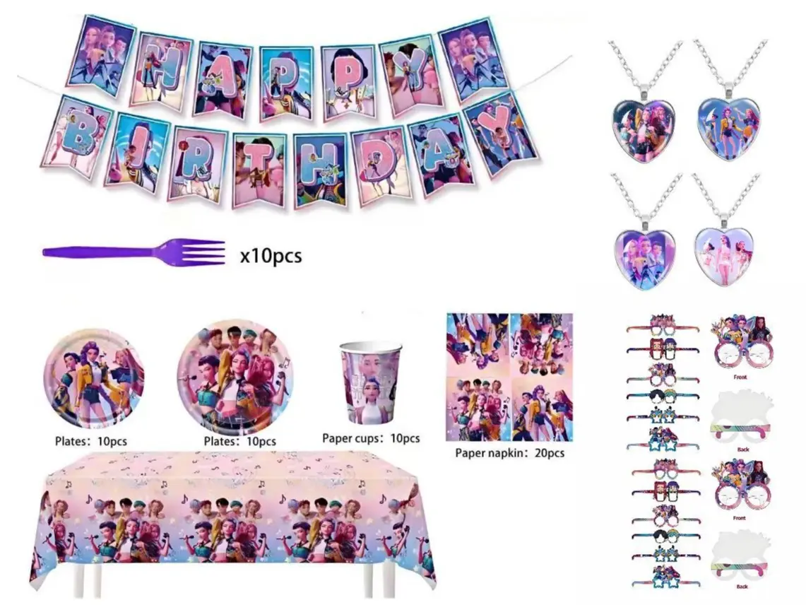 Kpop 12-Piece Birthday Party Supplies Set - Paper Disposable Tableware Supplies Including Balloons, Banner, Plates, Cups, Napkins, Tablecloth, Fan Merchandise, Tablecloth Disposable Tableware Supplies