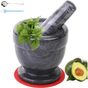 Mortar and Pestle Marble Set for Spices Pestos Seasonings Pastes Guacamole Herb Grinder Easy to Clean, Included Silicone Mat, Brush, Stainless Steel Spoon, 4.33inch Small Black Gray