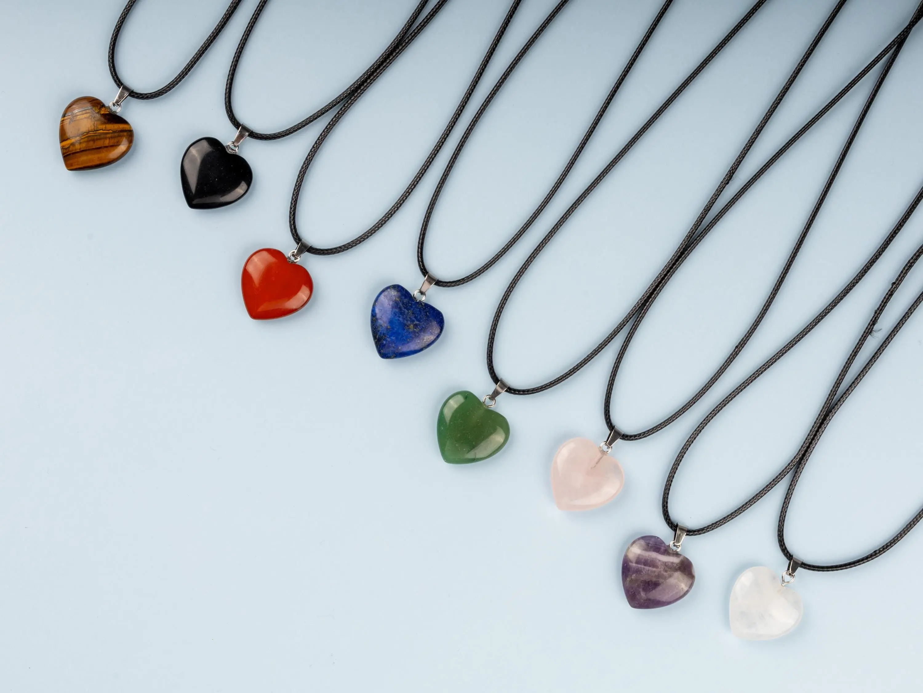 Heart Pendant Crystal Necklace with 18" Black Cord, Natural Healing Crystal Jewelry Gift, Amethyst, Rose Quartz, Lapis Lazuli, Red Jasper