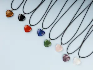 Heart Pendant Crystal Necklace with 18" Black Cord, Natural Healing Crystal Jewelry Gift, Amethyst, Rose Quartz, Lapis Lazuli, Red Jasper
