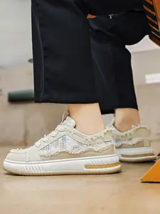 Vintage Faux Fur Patchwork Casual Sneakers, Distressed Design, Thick Sole Height Increase, Trendy Personal Style, Unisex Comfort Shoes