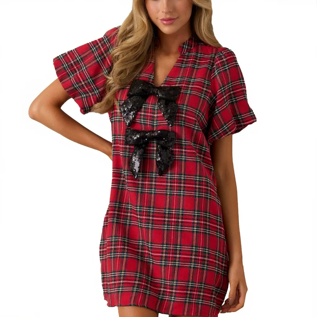 Women's Classic Plaid Mini Knee-Length Cotton Shift Dress - Elegant V-Neck, Lantern Puff Sleeves, Sequin Bow, Functional Pockets, Retro Charm for Christmas Party, Christmas Dress, Casual Chic Wear