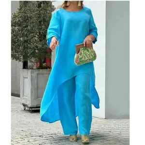 European and American New Women's Clothing Cotton and Linen Fashion Casual plus Size Irregular Long Sleeve Suit Wide Leg Pants Two-Piece Set White Womenswear