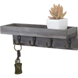"Vintage Wood Floating Shelf with Hooks - 10 Inch Entryway Storage" Decor Hanging Kitchen Metal Shelves Wall Wooden Decorative