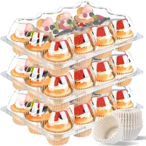 Plastic Cupcake Containers 12 Count 12 Sets Stackable Cupcake Boxes Holders with Tall Dome Lid Disposable Cupcake Carrier Trays Include 150 Cupcake Liners