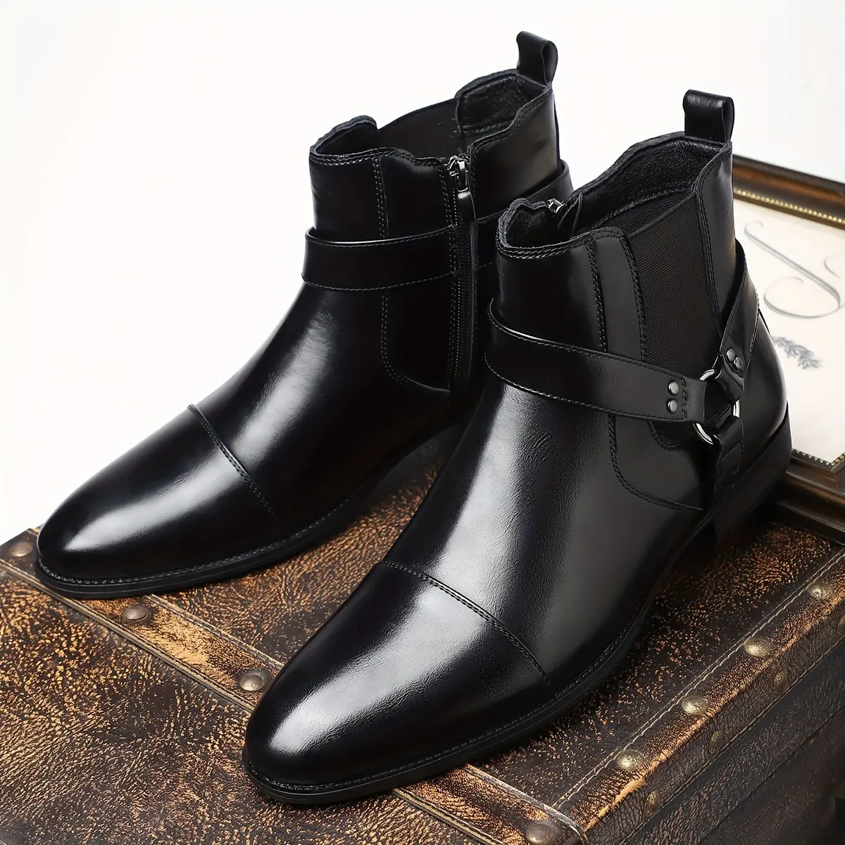 Brown Black Men's Short Boots with Metal Buckle Side Zipper Durable Leather Walking Shoes for Daily Casual Wear Versatile Work Style Boy Footwear