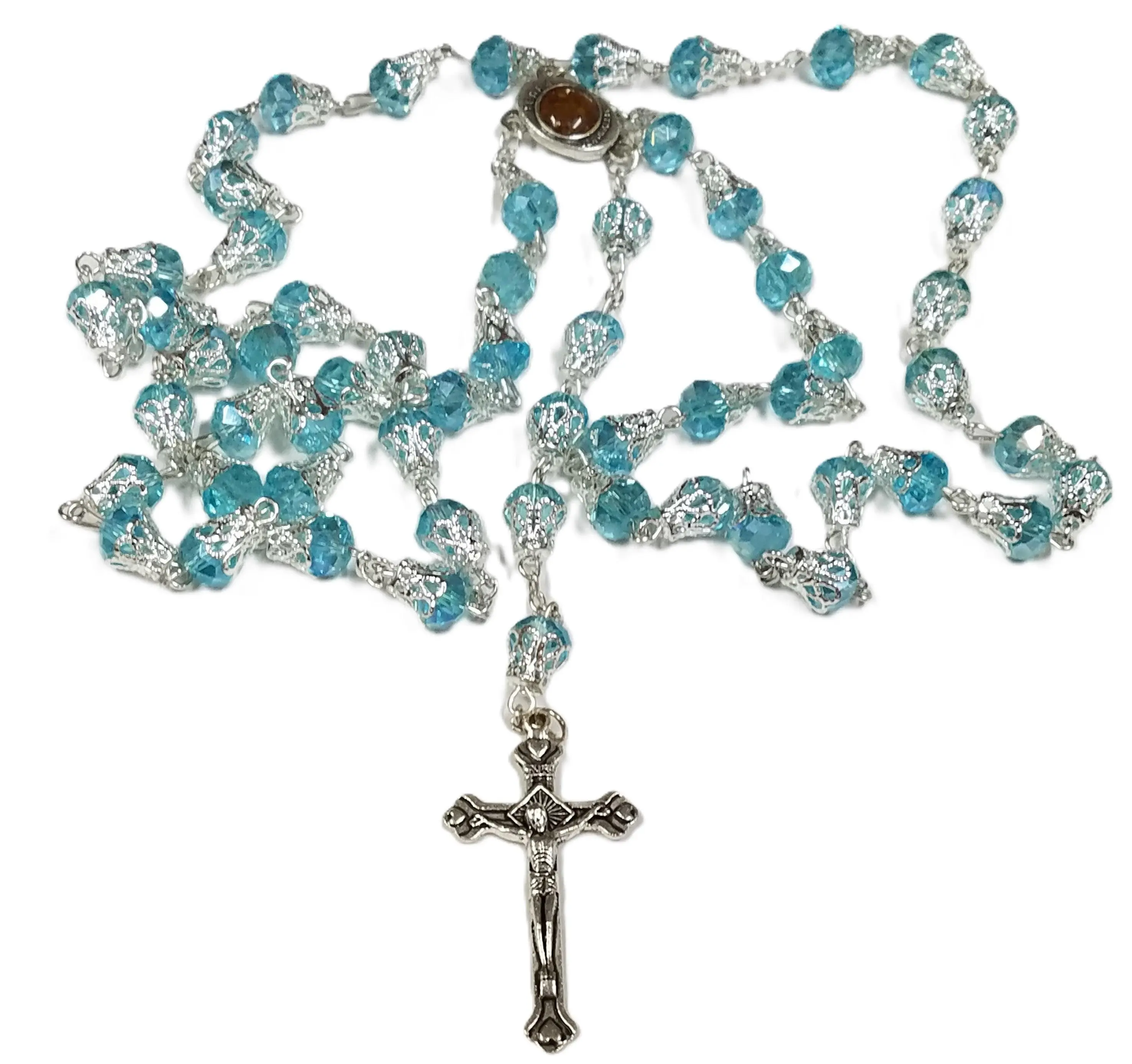 Rose Shape Light Blue Glass Crystal Beads Rosary Necklace Holy Soil Medal Silver Plated New in Box