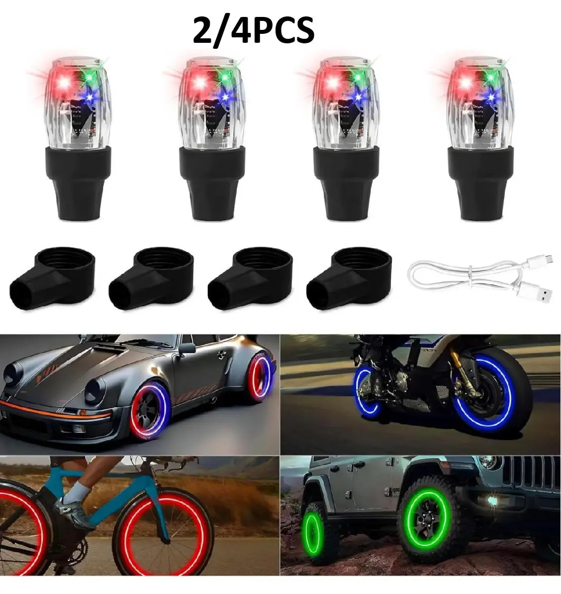 (2/4PCS)Tire Valve Light, Tire Valve cap light, Glow in the Dark, LED Colorful Wheel, Waterproof Flash Rechargeable Lamp for SUV Truck, Motorcycle, Bi