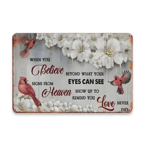 Inspirational Cardinal Bird Themed Metal Tin Sign, Believe Beyond Sight Wall Art for Home, Bar Decor