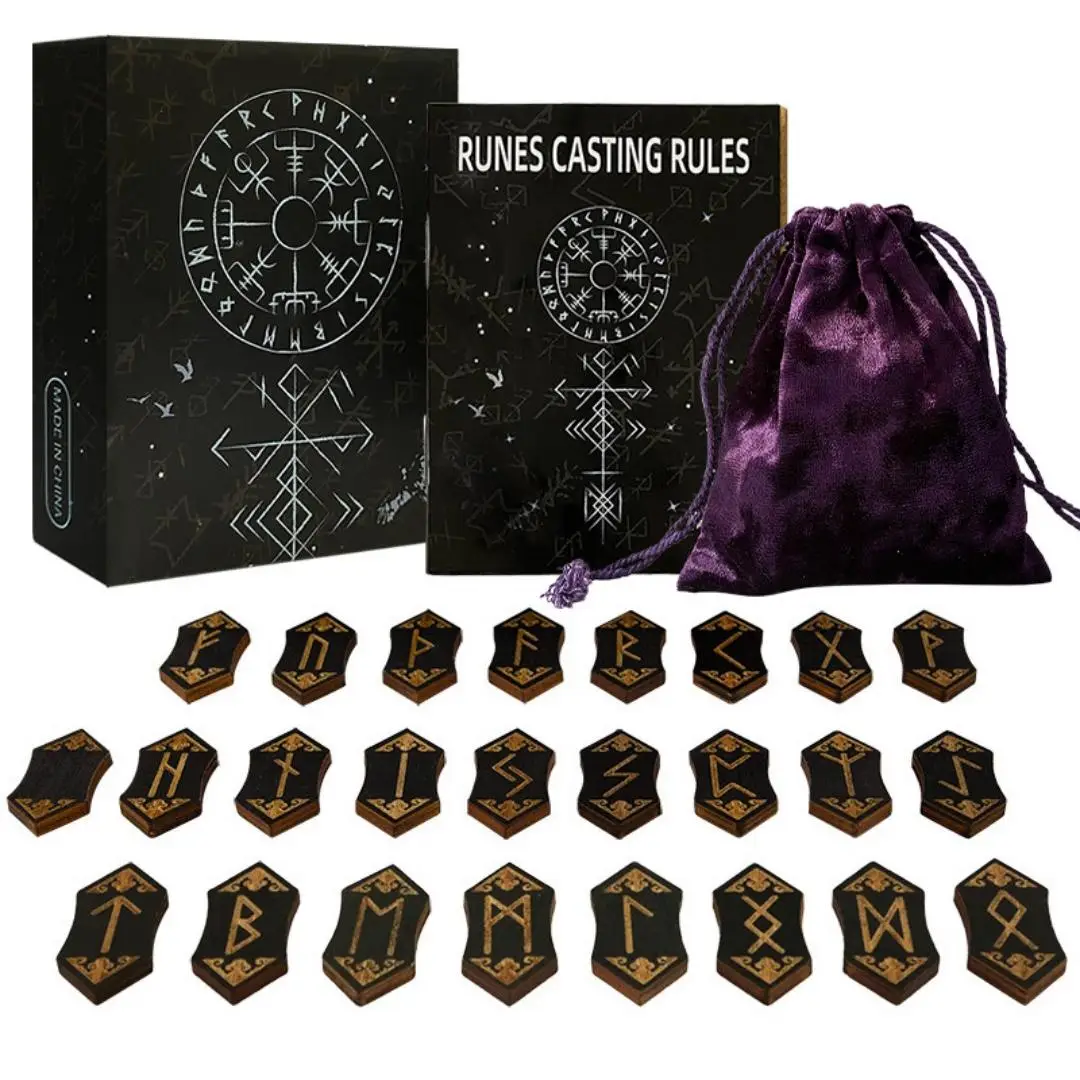 Wooden Runes Set, 25pcs/set Wooden Runes Set with Instructions & Storage Bag, Divination Woodcut Meditation Altar Game Cards, Home Decoration
