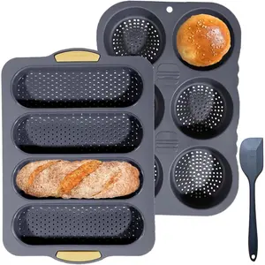 3 PCS Silicone Hamburger Bun Pan and Baguette Pan Set Non-stick French Bread Baking Mold 4 Wave French Bread Baking Tray 6 Cup Hamburger Bun Mold with Scraper for Homemade Bread Loaf Sandwich