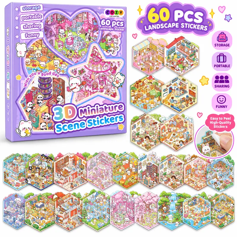 Halloween Fall Gift DIY 3D Sticker Scenes 20 Sets of Stickers for Girls Make Your Own Mini Shop House Scene Stickers for Kids Cute Fun Cartoon Animal Sticker