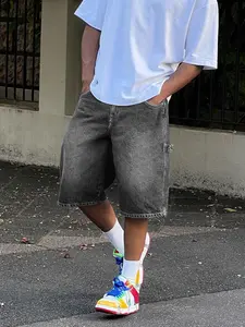 Men's Street Style Denim Shorts, Loose-Fitting Basic Workwear, Floral Embroidery Design, Comfortable Mid-Thigh Cut, Perfect for Casual Wear