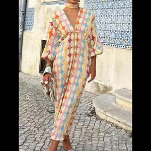 Women's Full Print V-Neck Dress, Bohemian Style Elegant Casual Bishop Sleeve Dress, Suitable for Spring and Autumn, Women's Daily Wear, Summer