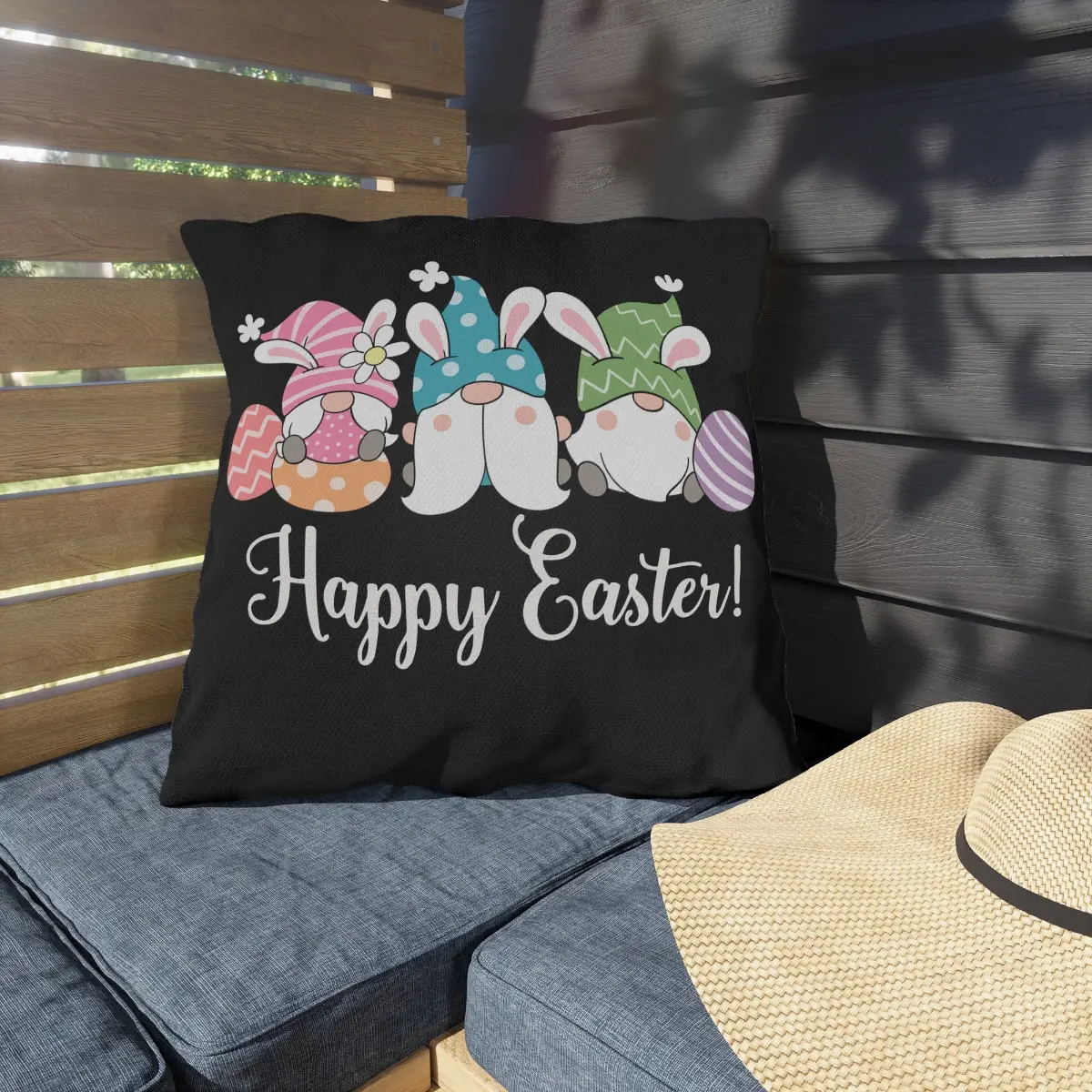 Happy Easter Outdoor Pillows, Gnome, Easter Bunny, Easter Eggs, Patio Pillow, Holiday Pillow