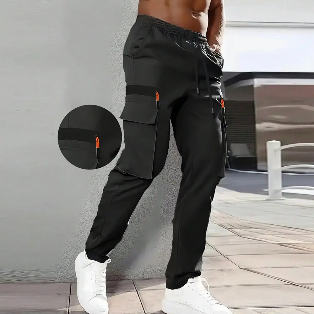 Men’s summer tactical cargo pants — lightweight casual long pants for running, hiking, travel, mountaineering, fishing, outdoor work; drawstring elastic waistband; minimalist design