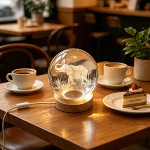 Elephant 3D Laser Engraved Crystal Ball with LED Colorful Base, Home Decor Night Light for Living Room, Bedroom, Glass Ornament