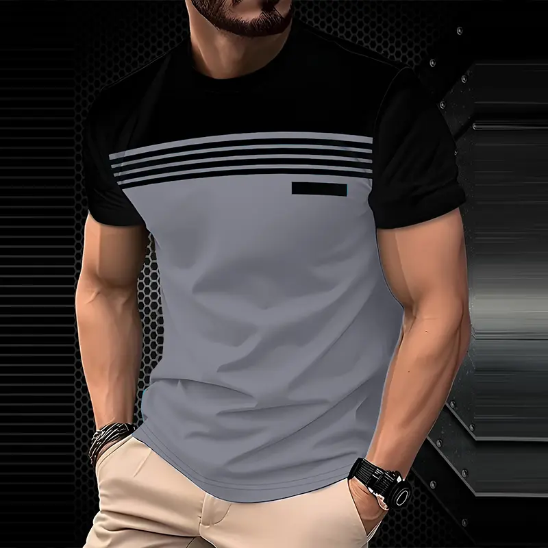 Men’s casual T-shirt — short sleeves, crew neck, striped print design, lightweight fabric, summer T-shirt, classic fit, minimalist design, soft feel, basic tee, everyday essential,Fathersdaygift