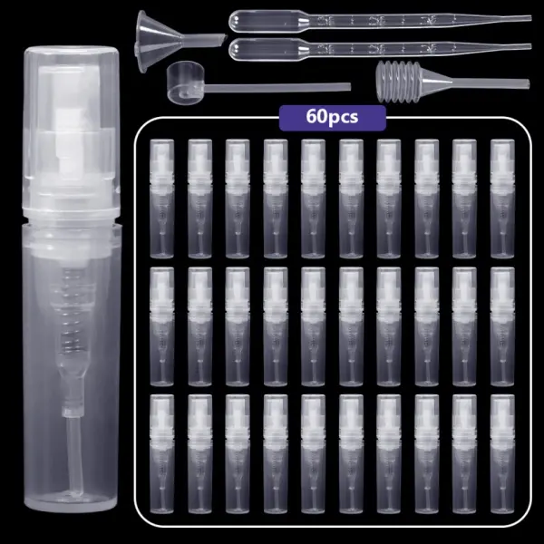 60pcs Empty Plastic Mini Mist Spray Bottles, Atomiser Pump, Plastic Pipette Dropper for Perfume and Lotion